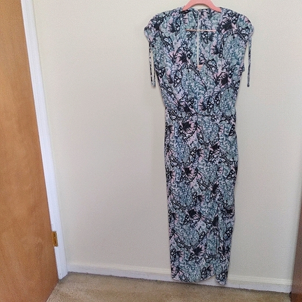 Bebe Green and White Shirred Tropical Print Short Sleeve Midi Dress Size XS - Picture 4 of 16
